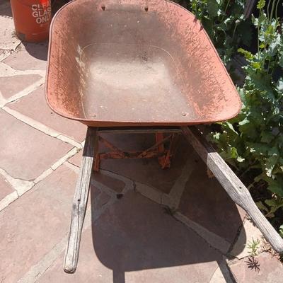 Vintage Heavy-Duty Steel Wheelbarrow – Rustic Orange with Wooden Handles - Good tire!