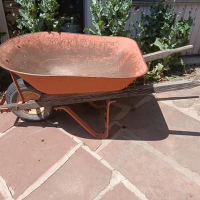 Vintage Heavy-Duty Steel Wheelbarrow – Rustic Orange with Wooden Handles - Good tire!
