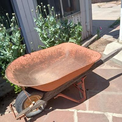 Vintage Heavy-Duty Steel Wheelbarrow – Rustic Orange with Wooden Handles - Good tire!