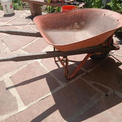Vintage Heavy-Duty Steel Wheelbarrow – Rustic Orange with Wooden Handles - Good tire!