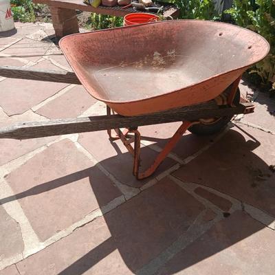 Vintage Heavy-Duty Steel Wheelbarrow – Rustic Orange with Wooden Handles - Good tire!