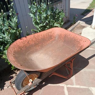 Vintage Heavy-Duty Steel Wheelbarrow – Rustic Orange with Wooden Handles - Good tire!