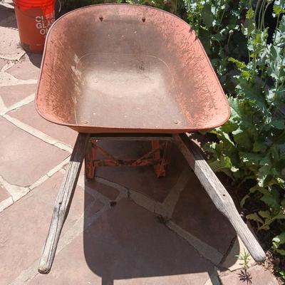 Vintage Heavy-Duty Steel Wheelbarrow – Rustic Orange with Wooden Handles - Good tire!