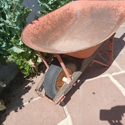 Vintage Heavy-Duty Steel Wheelbarrow – Rustic Orange with Wooden Handles - Good tire!
