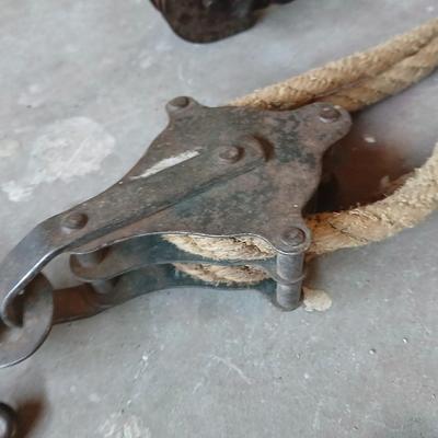 Vintage Block & Tackle Pulley System – Rope and Chain with Double Hooks