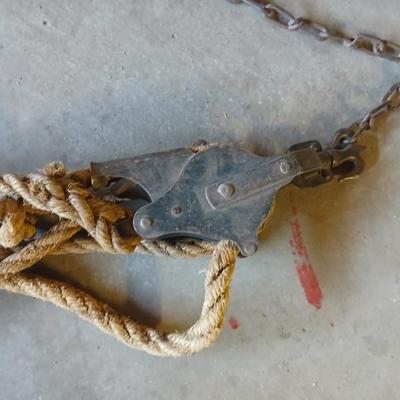 Vintage Block & Tackle Pulley System – Rope and Chain with Double Hooks