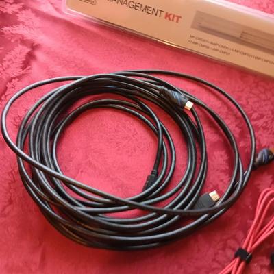 NEW CABLE MANAGEMENT KIT, MONSTER POWER SURGE BOX, HDMI CABLES, C CORD AND SMALL EXTENSION CORD