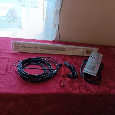 NEW CABLE MANAGEMENT KIT, MONSTER POWER SURGE BOX, HDMI CABLES, C CORD AND SMALL EXTENSION CORD