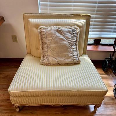 Sale Photo Thumbnail #207: French Empire Style Custom Chairs Custom made for Jayne Mansfield. White Silk Crepe de Chine with white gilding on carving in provincial manner. $1,000 for pair.