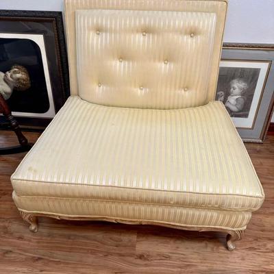 Sale Photo Thumbnail #206: French Empire Style Custom Chairs Custom made for Jayne Mansfield. White Silk Crepe de Chine with white gilding on carving in provincial manner. $1,000 for pair.