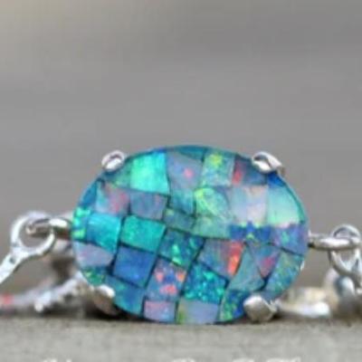 Genuine Australian Opal Slide Bracelet,Sterling Silver Mosaic Opal
