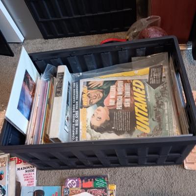 *MYSTERY* STORAGE TOTE FULL OF COLLECTIBLE PAPERS (COMICS, PLAYBOYS, ARTWORK, BASEBALL CARDS AND SO MUCH MORE