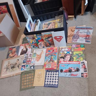 *MYSTERY* STORAGE TOTE FULL OF COLLECTIBLE PAPERS (COMICS, PLAYBOYS, ARTWORK, BASEBALL CARDS AND SO MUCH MORE