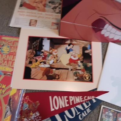 *MYSTERY* STORAGE TOTE FULL OF COLLECTIBLE ITEMS (MARILYN MONROE '55 CALENDAR, DISNEY, ET PATCHES, BASEBALL CARDS, MOVIE POSTERS AND...