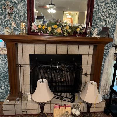 FIREPLACE AND MANTLE CONTENTS - RUG INCLUDED