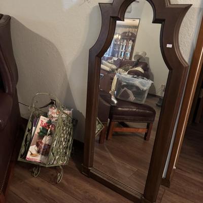 BURGUNDY CHAIR, OTTOMAN, MIRROR LOT