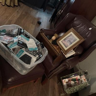 BURGUNDY CHAIR, OTTOMAN, MIRROR LOT