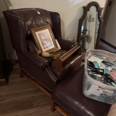 BURGUNDY CHAIR, OTTOMAN, MIRROR LOT