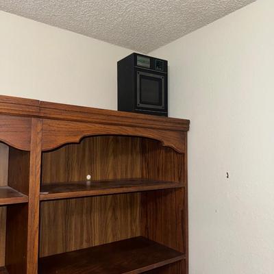 PAIR OF SHELVES WITH CASSETTE PLAYER AND SPEAKERS