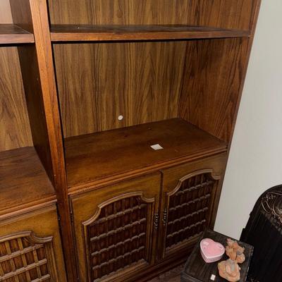 PAIR OF SHELVES WITH CASSETTE PLAYER AND SPEAKERS