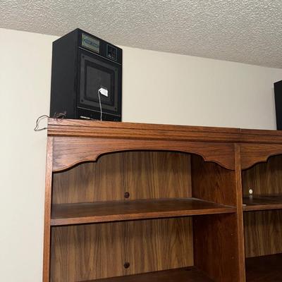 PAIR OF SHELVES WITH CASSETTE PLAYER AND SPEAKERS