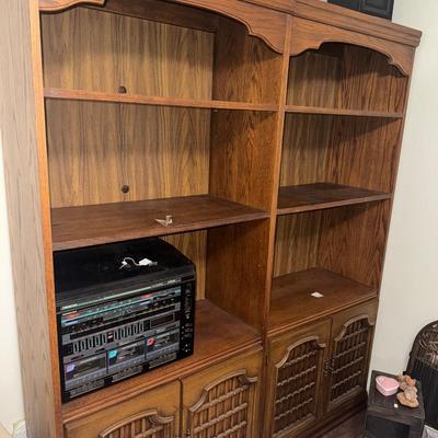 PAIR OF SHELVES WITH CASSETTE PLAYER AND SPEAKERS