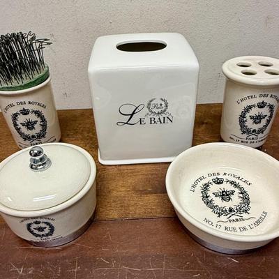 Bathroom Ceramic 5 Piece Set of Toiletries Lotion Bottle Mouth Cup, Toothbrush Holder, Soap Dish, Covereds Dish, Tissue Box