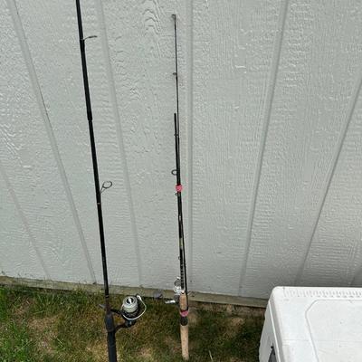 2 FISHING POLES WITH REELS AND A COOLER