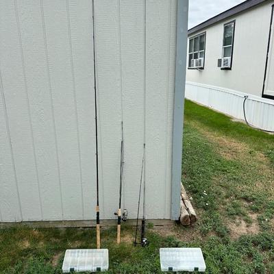 FISHING POLES, REELS AND SECTIONED CABELA'S BOXES