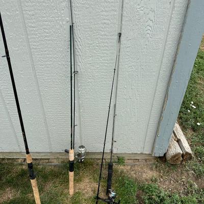 FISHING POLES, REELS AND SECTIONED CABELA'S BOXES