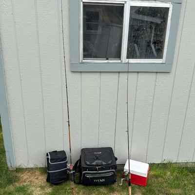 FISHING POLES WITH REELS, SOFT SIDED TITAN COOLER AND AN AUTO TRASH BIN