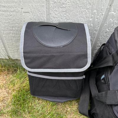 FISHING POLES WITH REELS, SOFT SIDED TITAN COOLER AND AN AUTO TRASH BIN