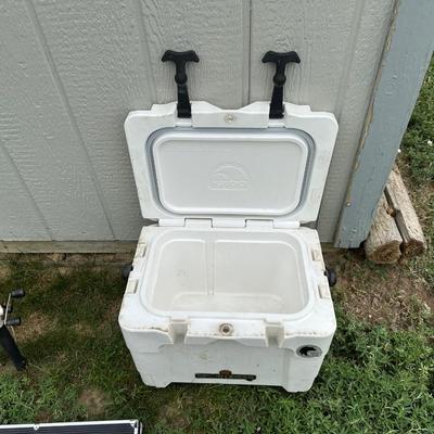 FISHING POLE WITH REEL, SPORTSMAN COOLER AND NEW BBQ UTENSILS