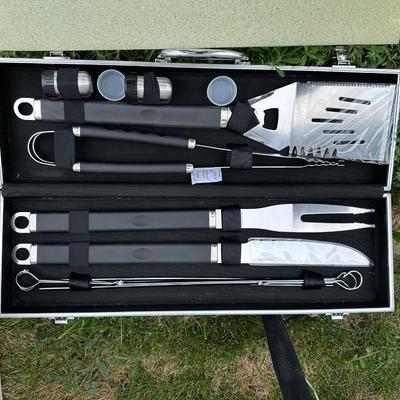 FISHING POLE WITH REEL, SPORTSMAN COOLER AND NEW BBQ UTENSILS