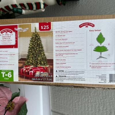 4 FT PRE-LIT TREE, ORNAMENTS, FAUX POINSETTIAS, ROPE LIGHT AND FREE STANDING SNOWMAN