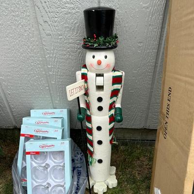 4 FT PRE-LIT TREE, ORNAMENTS, FAUX POINSETTIAS, ROPE LIGHT AND FREE STANDING SNOWMAN