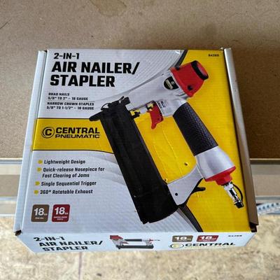BULLS EYE STUD FINDER, AIR NAILER/STAPLER AND A CORDED POWER DRILL