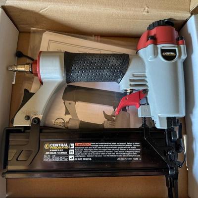 BULLS EYE STUD FINDER, AIR NAILER/STAPLER AND A CORDED POWER DRILL