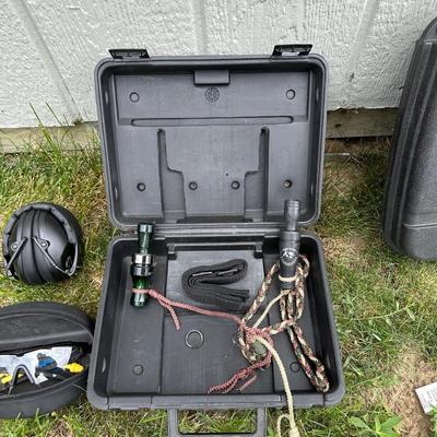 HARD SIDED GUN CASE, GUN REST, EYES AND HEARING PROTECTION, TARGETS AND GAME CALLS