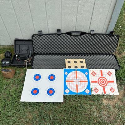 HARD SIDED GUN CASE, GUN REST, EYES AND HEARING PROTECTION, TARGETS AND GAME CALLS