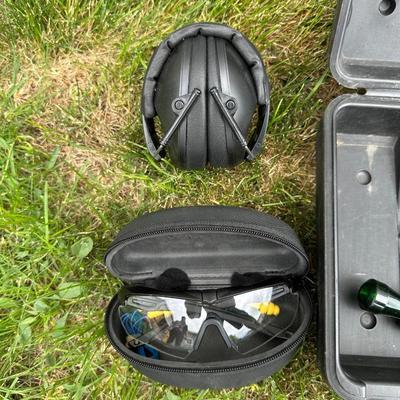 HARD SIDED GUN CASE, GUN REST, EYES AND HEARING PROTECTION, TARGETS AND GAME CALLS