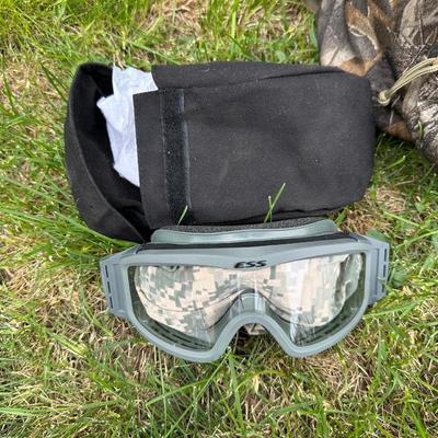 CAMO BACKPACK, LASER LIGHT, CAMO KNIT HAT AND SAFETY GOGGLES