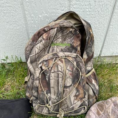 CAMO BACKPACK, LASER LIGHT, CAMO KNIT HAT AND SAFETY GOGGLES