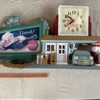 1990s COCA-COLA BILLBOARD, FILLING STATION, 1957 CHEVY WALL CLOCK