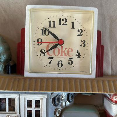1990s COCA-COLA BILLBOARD, FILLING STATION, 1957 CHEVY WALL CLOCK