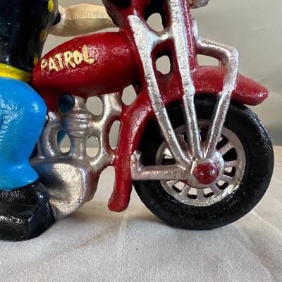 Popeye the Sailor Man on Red Motorcycle (Wheels & Arms Move) Cast Iron Toy