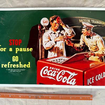 Vintage Coca-Cola "Stop for a pause GO Refreshed" Metal Sign