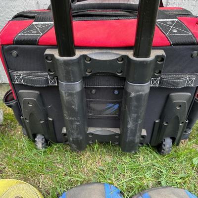 HUSKY TOOL BAG ON WHEELS W/HANDLE, RATCHET STRAPS AND KNEE PADS