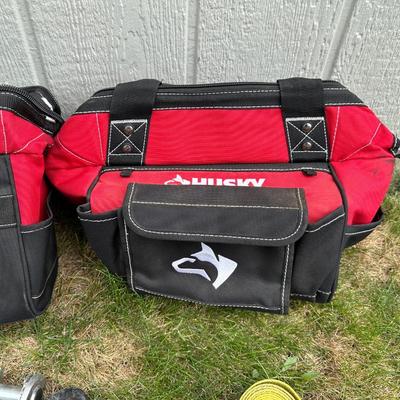 2 HUSKY TOOL BAGS AND RATCHET STRAPS