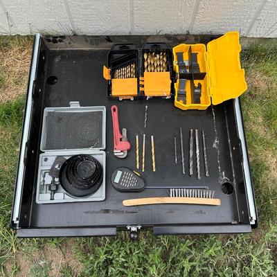 DRILL BITS, HOLE SAW DRILL BITS, TAPE MEASURE W/CALCULATOR & MORE